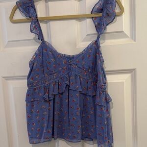 Joie Blue Floral Camisole with Ruffles